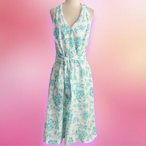 Liz Claiborne Cotton Tie Waist Floral Halter Dress Women’s 10 Turquoise/White